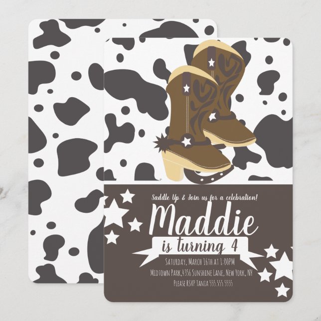 Invitation Cowboy Girl Birthday Cow Print Party (Devant / Derrière)
