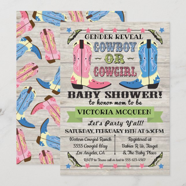 Invitation Cowboy ou Cowgirl Baby shower Sexe Révélation (Devant / Derrière)