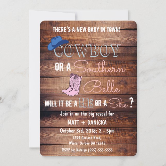 Invitation Cowboy ou Southern Belle Gender Reveveveveine Baby (Devant)