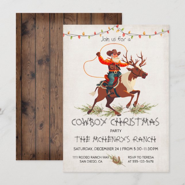 Invitation Cowboy Père Noël Reindeer Noël Party (Devant / Derrière)