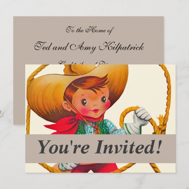 Invitation Cowboy Retro Boy Child Cute Western (Devant / Derrière)