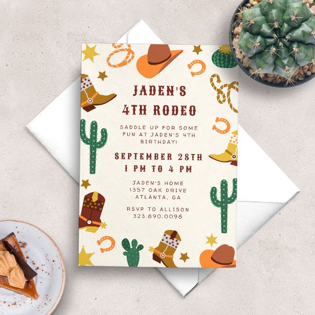 Invitation Cowboy Rodeo Western Anniversaire Party (Cowboy themed boy's birthday party invitation with cacti, cowboy boots, hats, lassos and more.)