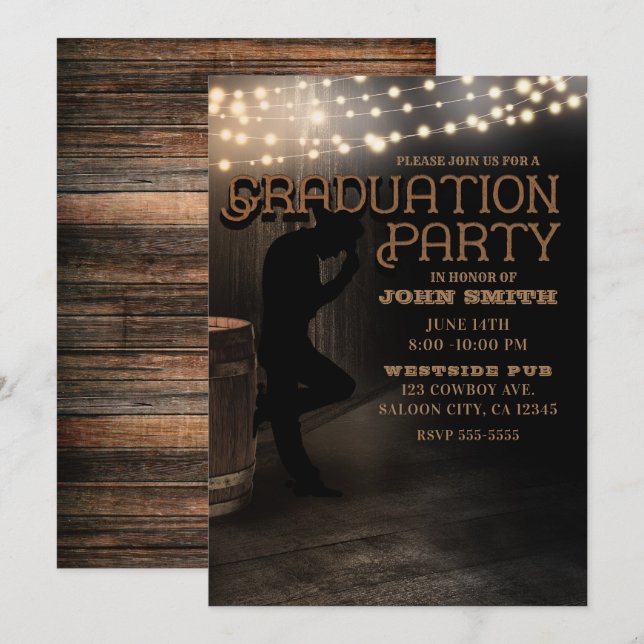 Invitation Cowboy Rustic Country Saloon Pub Graduation Party (Devant / Derrière)