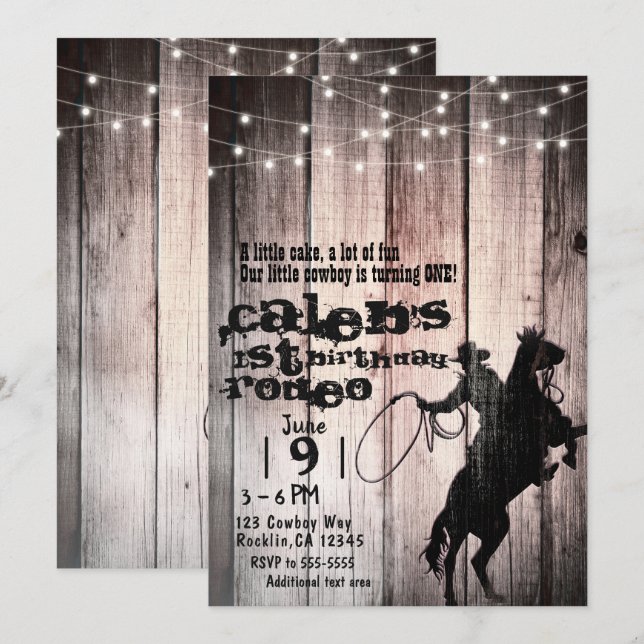 Invitation Cowboy Rustic Wood Grange Pays 1er anniversaire fê (Devant / Derrière)