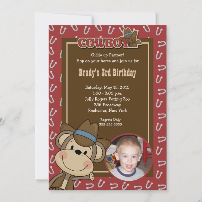 Invitation Cowboy singe occidental 5x7 *PHOTO* Anniversaire (Devant)