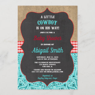 Invitation Cowboy turquoise burlap rouge rustique baby shower