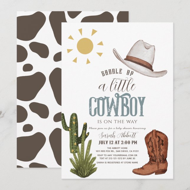 Invitation Cowboy Western Wild West Boy Baby shower (Devant / Derrière)