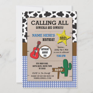 Invitation Cowboys Blue Check Birthday Sheriff Western Invita