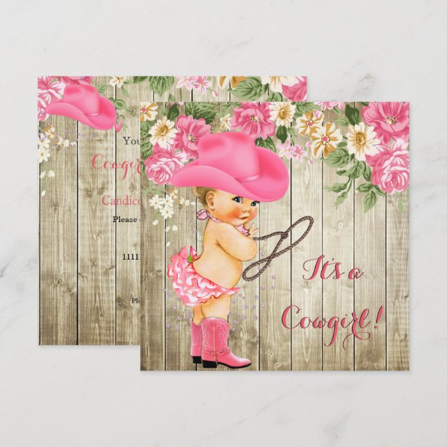 Invitation Cowgirl Baby shower Bottes roses Floral Blonde Bab (Devant / Derrière)