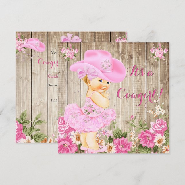 Invitation Cowgirl Baby shower rose Rustique Bois fille Blond (Devant / Derrière)