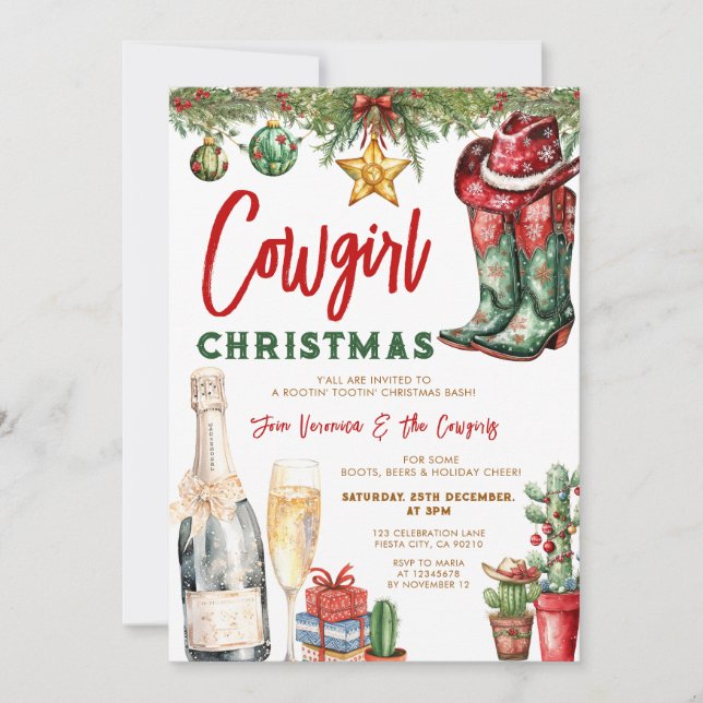 Invitation Cowgirl Boots & Wine Western Christmas Party (Devant)