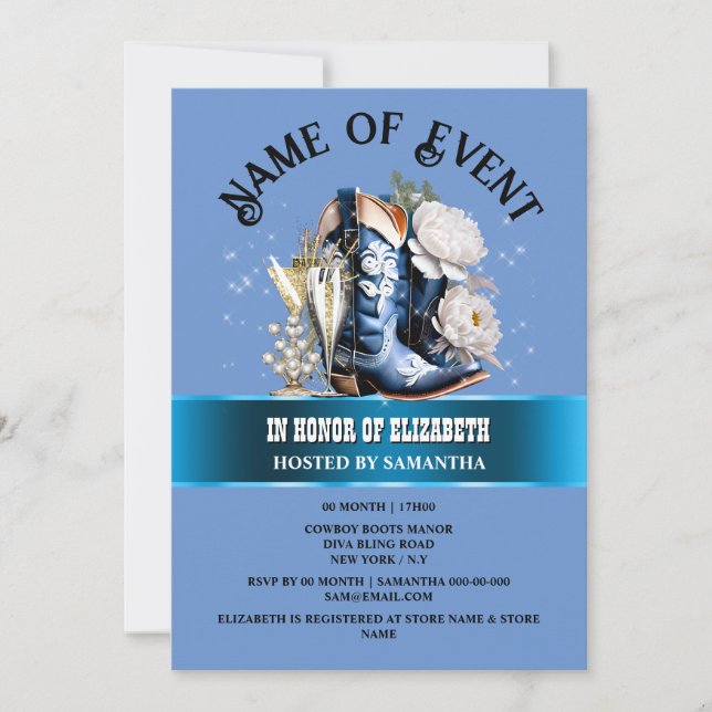 Invitation Cowgirl bottes bling bleu blanc poony fleur chic (Devant)