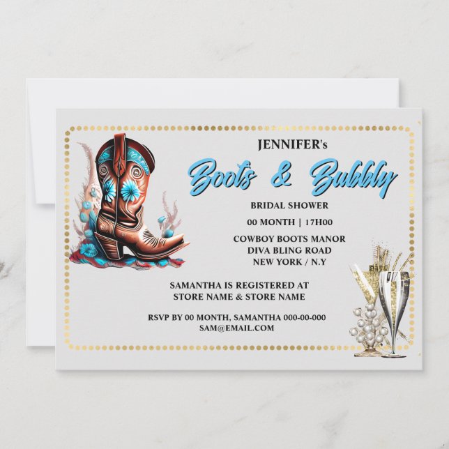 Invitation Cowgirl bottes en verre bulle floral cadre or chic (Devant)
