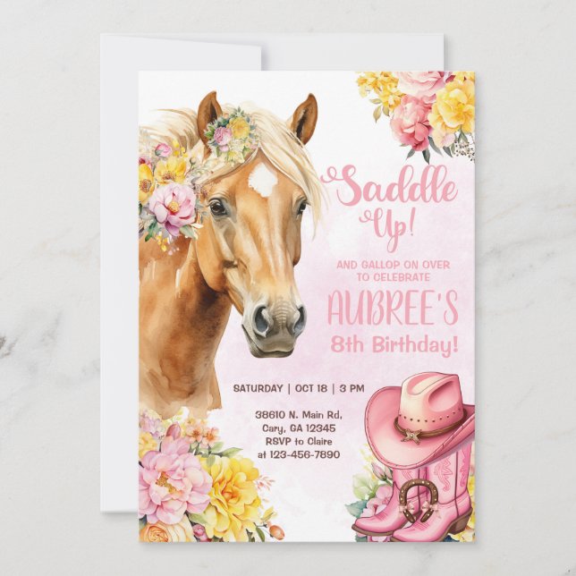 Invitation Cowgirl, brown horse, saddle up birthday invite. (Devant)
