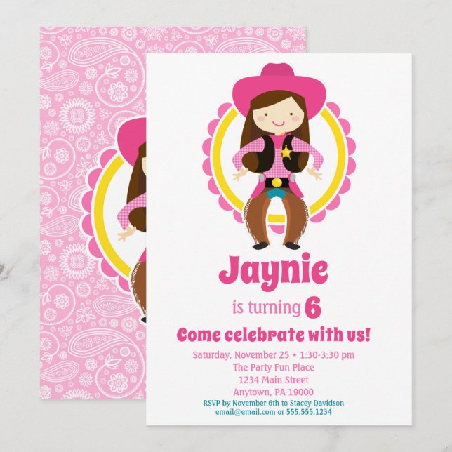 Invitation Cowgirl - Brunette Cute Cowgirl fête d'anniversair (Devant / Derrière)