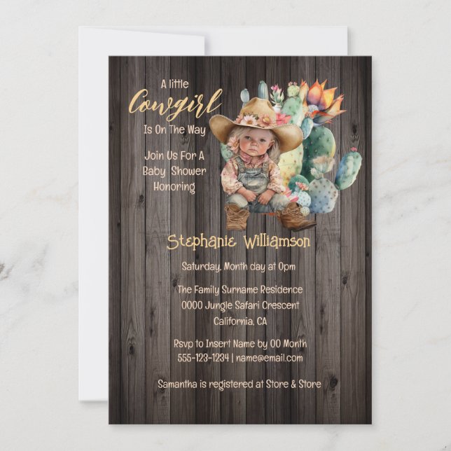Invitation Cowgirl désert cactus baby shower fleur de bois (Devant)