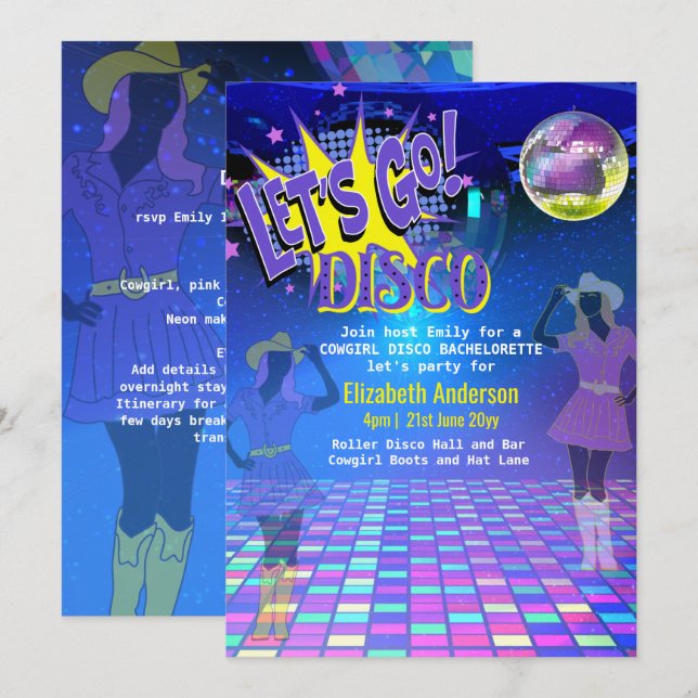 Invitation Cowgirl Disco Bachelorette Lets Go Dernier Ride Ro (Devant / Derrière)