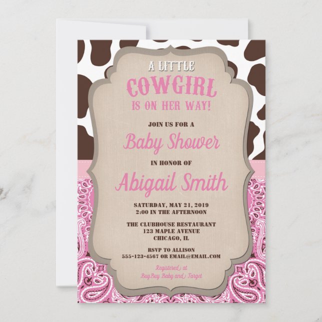 Invitation Cowgirl western rose et brun fille baby shower (Devant)