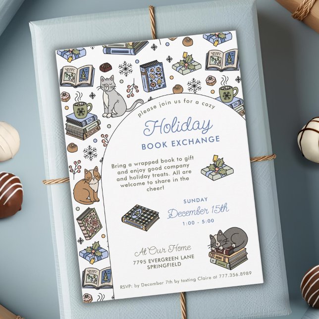 Invitation Cozy Cats Holiday Book Exchange Hand Drawn (Créateur téléchargé)