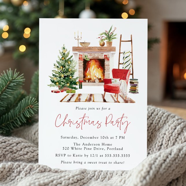 Invitation Cozy Christmas Tree and Fireplace Christmas Party (Créateur téléchargé)
