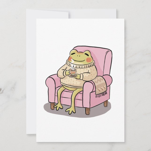 Invitation Cozy Frog Drinking Tea On Sofa Illustration (Devant)
