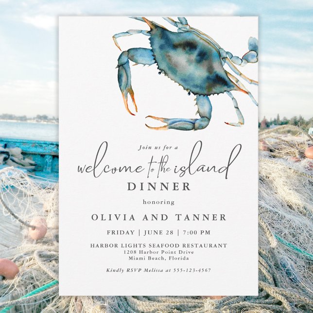Invitation Crabe bleu aquarelle Bienvenue sur l'île (Créateur téléchargé)