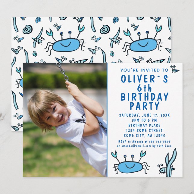 Invitation Crabe Bleu Sea Animaux Shell Boy Photo Anniversair (Devant / Derrière)