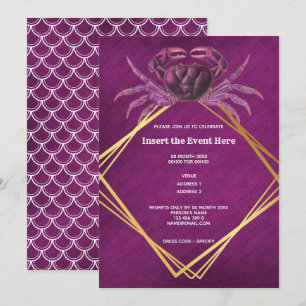 Invitation Crabe magenta blanc géométrique paillettes dorées 