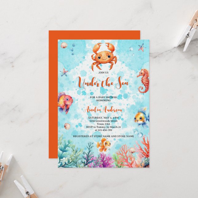 Invitation Crabe mou sous la mer Créatures Baby shower (Devant/Arrière en situation)