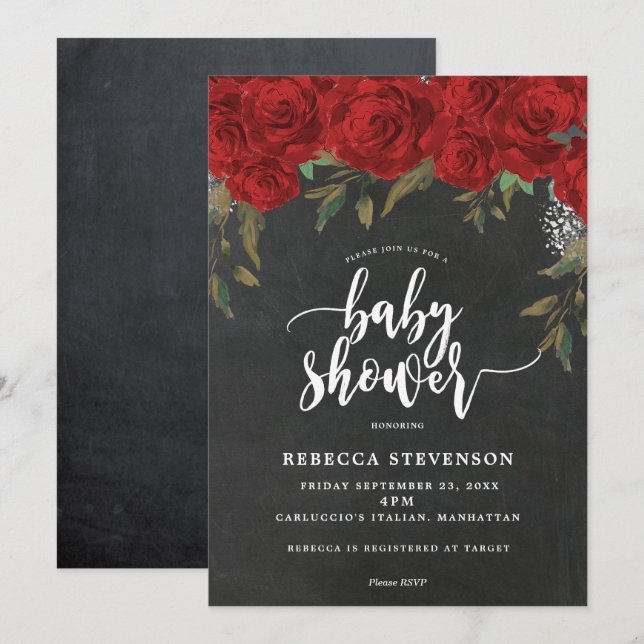Invitation craie d'invitation baby shower fleuri aux roses ro (Devant / Derrière)
