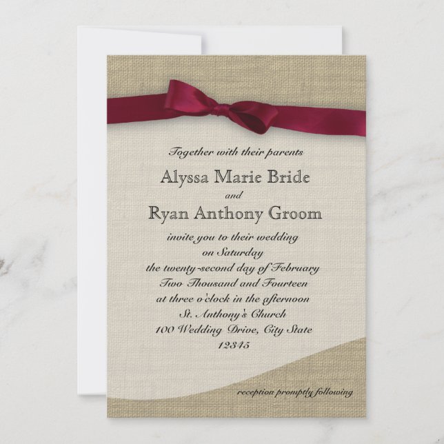 Invitation Cranberry Ribbon et Mariage Burlap (Devant)