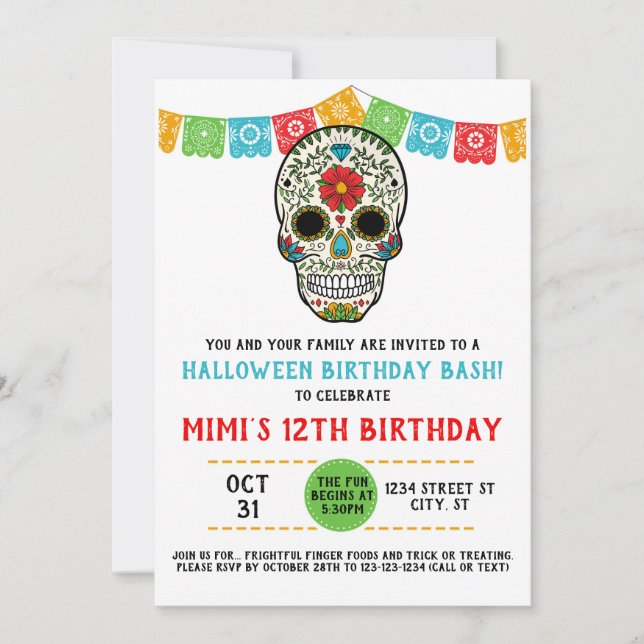 Invitation Crâne à sucre Anniversaire, Jour des morts (Devant)