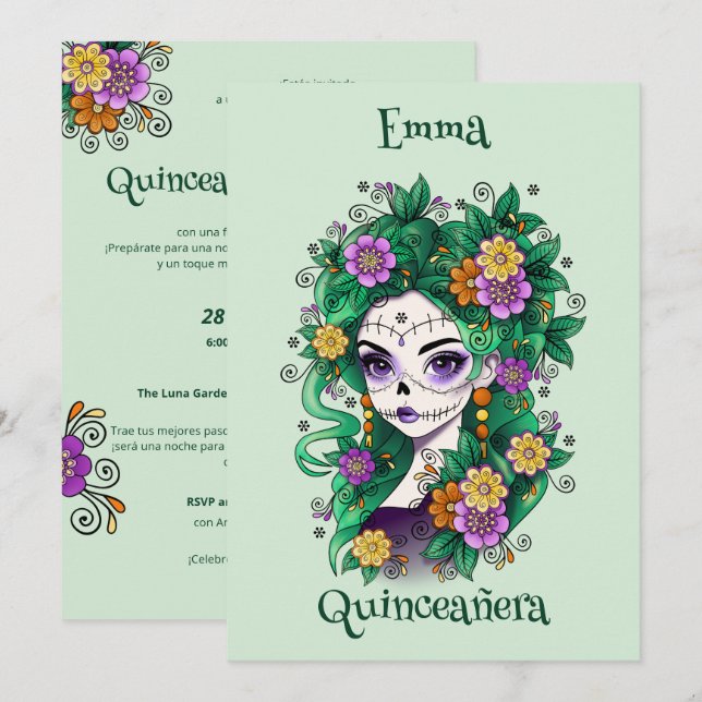 Invitation Crâne à sucre Dia de Muertos Quinceañera espagnol (Devant / Derrière)