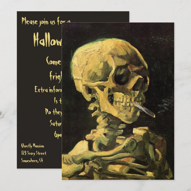 Invitation Crâne avec cigarette brûlante par Van Gogh Hallowe (Devant / Derrière)