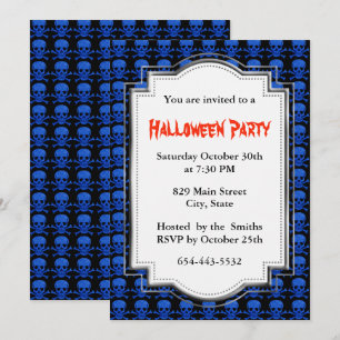 Invitation Crâne bleu et os croisés Fête d'Halloween