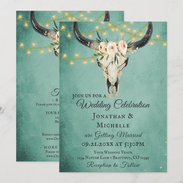 Invitation Crâne Boho et éclats Turquoise tout en un Mariage (Devant / Derrière)