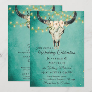 Invitation Crâne Boho et éclats Turquoise tout en un Mariage