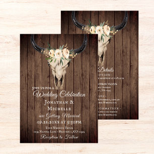 Invitation Crâne boho rustique sur bois tout en un Mariage