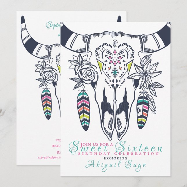 Invitation Crâne Boho Turquoise n Sweet sixteen rose Annivers (Devant / Derrière)