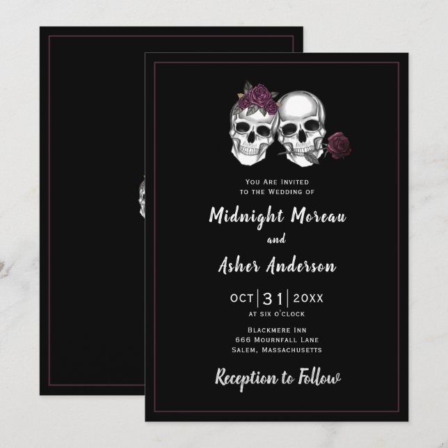 Invitation Crâne Couple Roses Mariage gothique (Devant / Derrière)