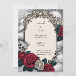 Invitation Crâne couronné et Rose cadre Mariage gothique