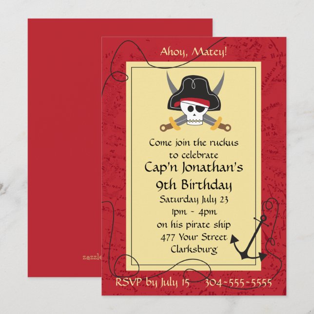 Invitation Crâne de pirate et anniversaire croisé d'épées (Devant / Derrière)