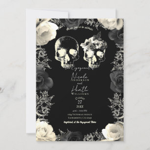 Invitation Crâne de squelette gris crème noir Fête de fiançai