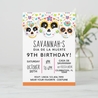 Invitation Crâne de Sucre Dia de La Muerte Anniversaire Hallo