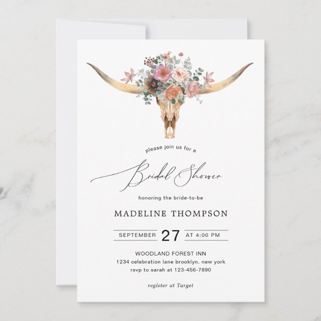 Invitation Crâne de vache bohémienne Fête des mariées d'aquar (Devant)