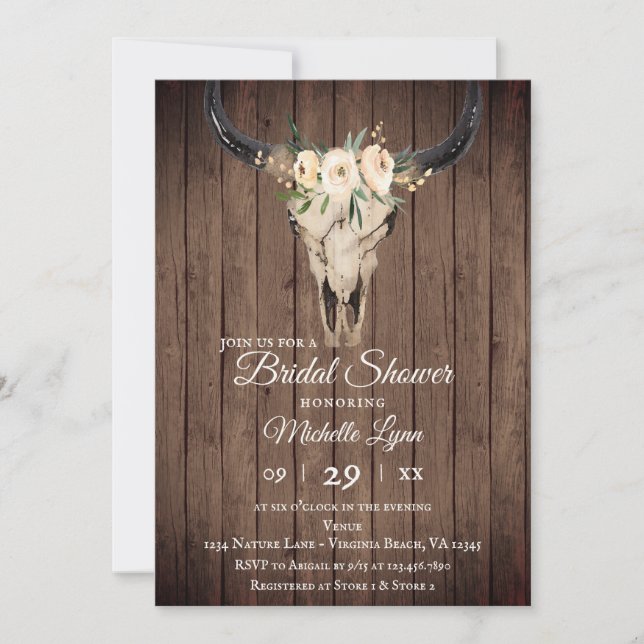 Invitation Crâne de vache boho rustique sur Fête des mariées  (Devant)