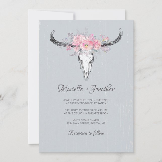 Invitation Crâne de vache rustique Boho Blush Floral Aquarell (Devant)
