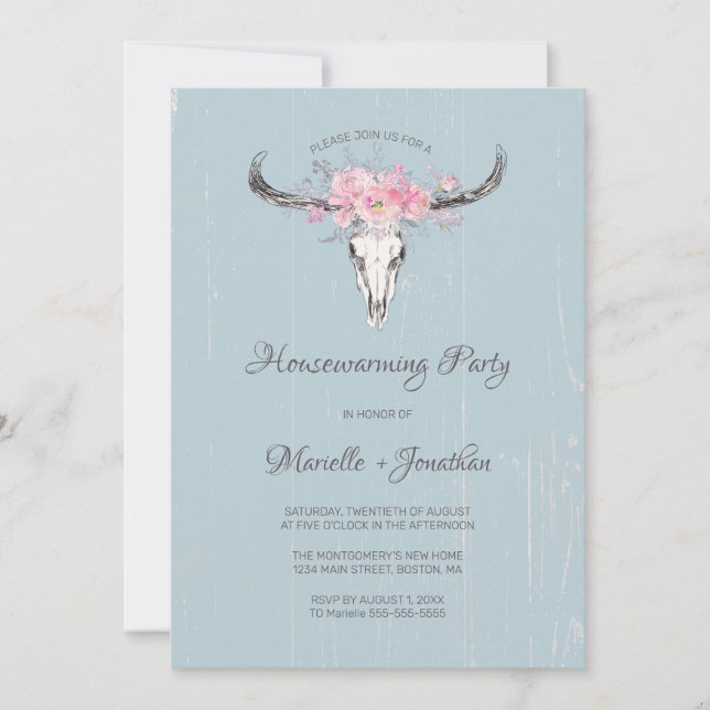 Invitation Crâne de vache rustique Boho Floral Bleu Ménage (Devant)