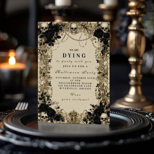 Invitation Crâne d'élégance foncée et fête d'Halloween Rose (Créateur téléchargé)