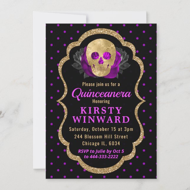 Invitation Crâne d'or Polka floral point Halloween Quinceaner (Devant)